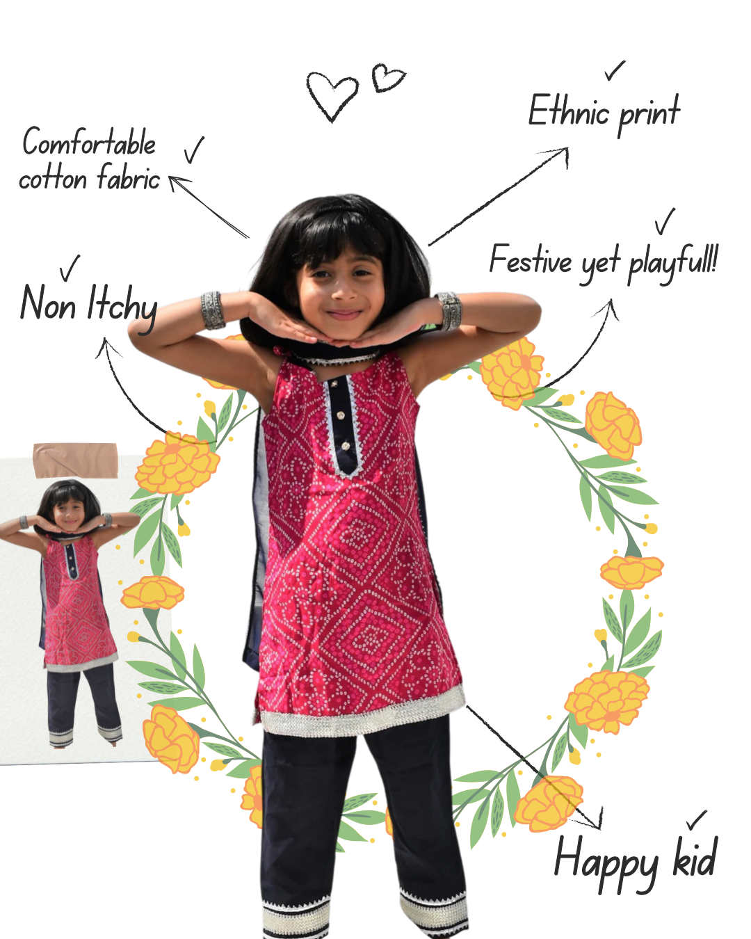 Bhandhani Girls Suit Set of 3 - Kurta Payjama and Dupatta