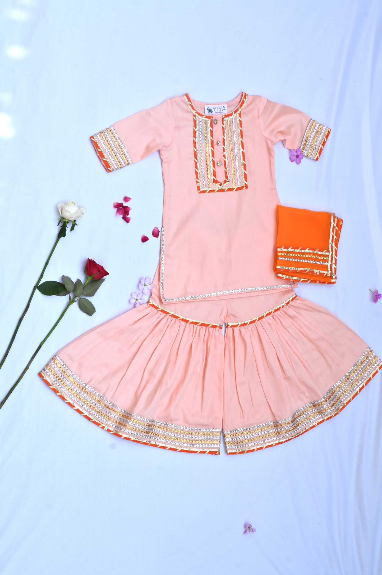 Peach girls sharara with orange dupatta