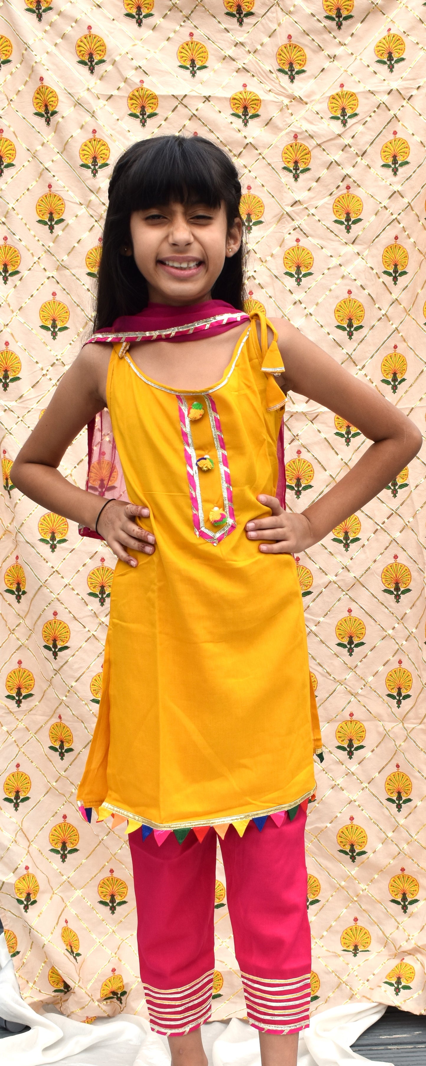 Sunher gulab : Mustard kurta with pink payjama for girls
