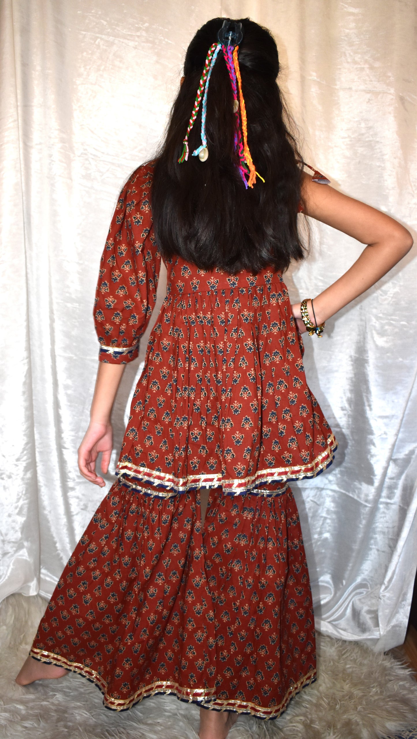 Maroon booti off shoulder printed peplum coord set for girls