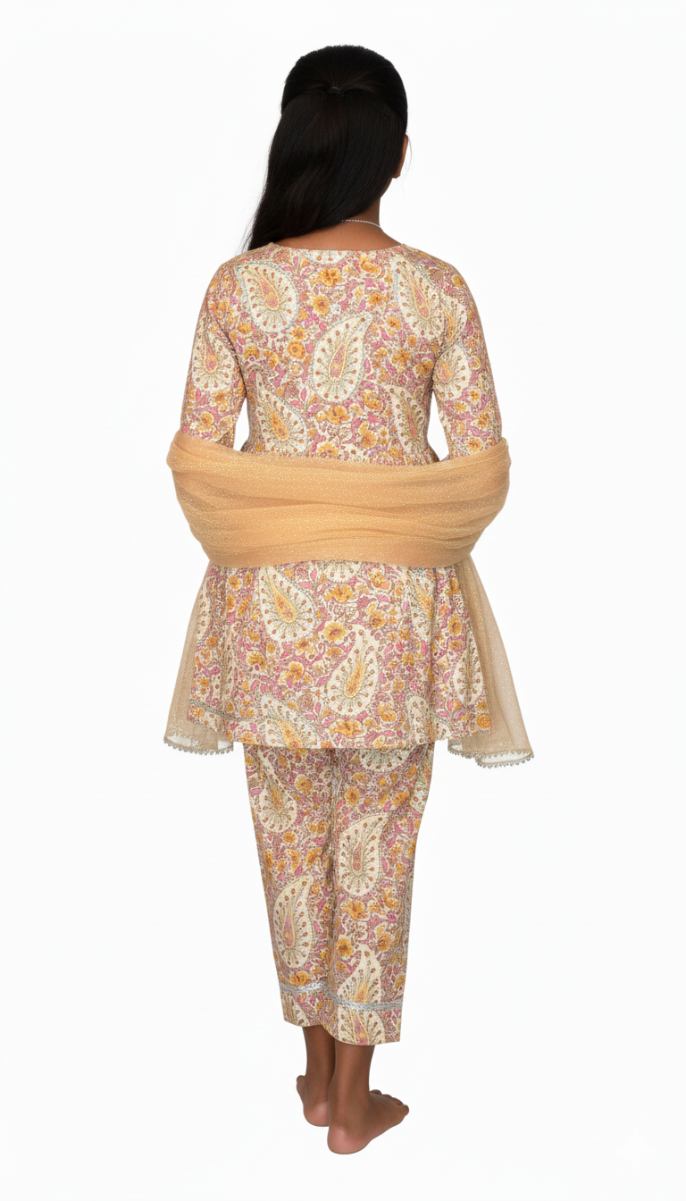 Beige paisley coord set with a gold dupatta