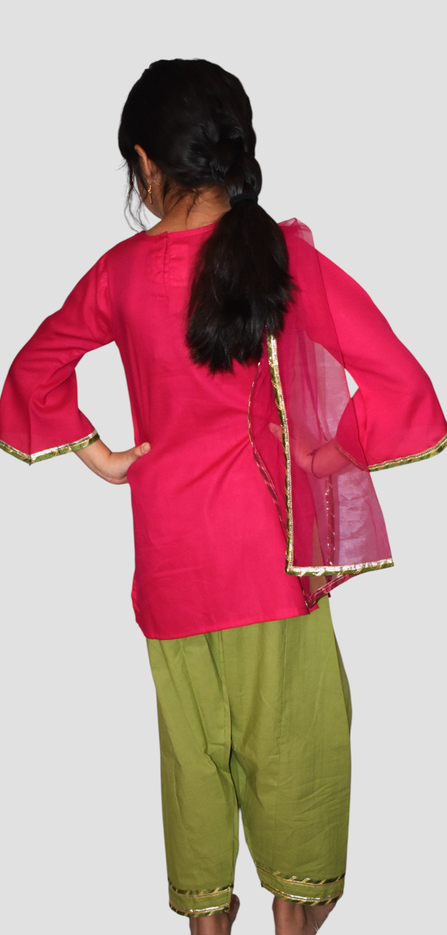 Pink kurta with green payjama and dupatta set