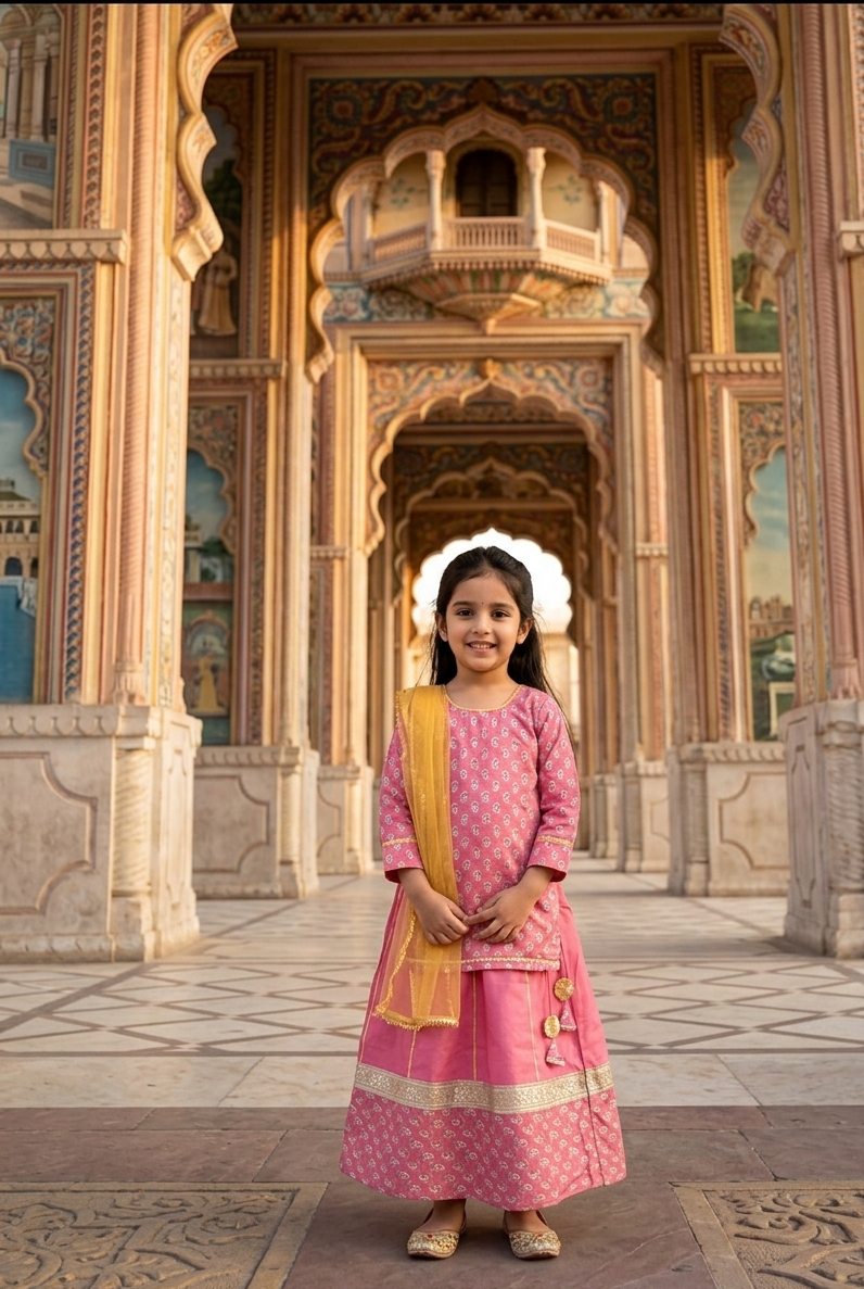 A young girl stands in front of an ornate architectural archway wearing a pink traditional outfit with a yellow dupatta.