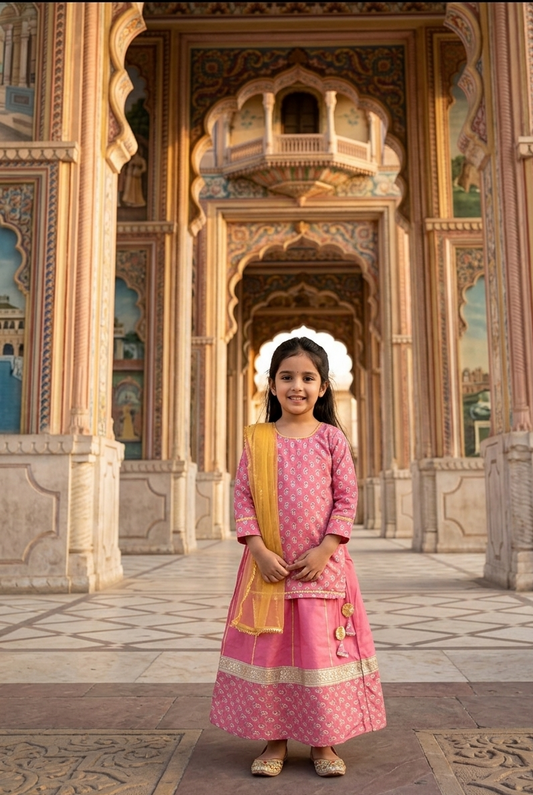 A young girl stands in front of an ornate architectural archway wearing a pink traditional outfit with a yellow dupatta.