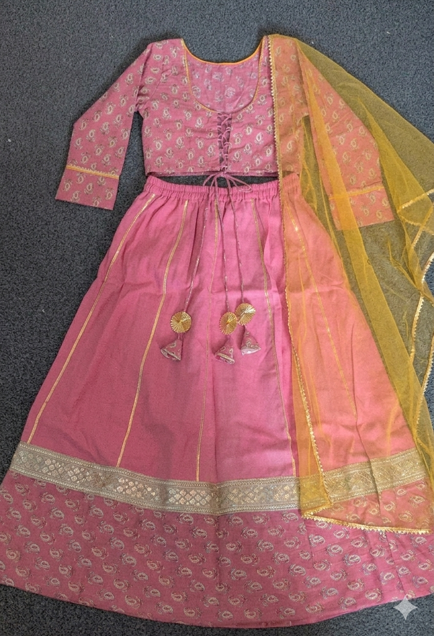 A pink traditional Anarkali gown with a matching printed blouse, a gold-trimmed flared skirt, and a sheer yellow dupatta draped over one shoulder, laid flat on a dark gray surface.