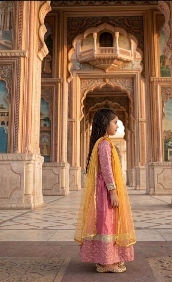 A young girl wearing a traditional pink and yellow Indian outfit stands in profile in front of an ornate, sunlit stone palace corridor with arches and intricate carvings.
