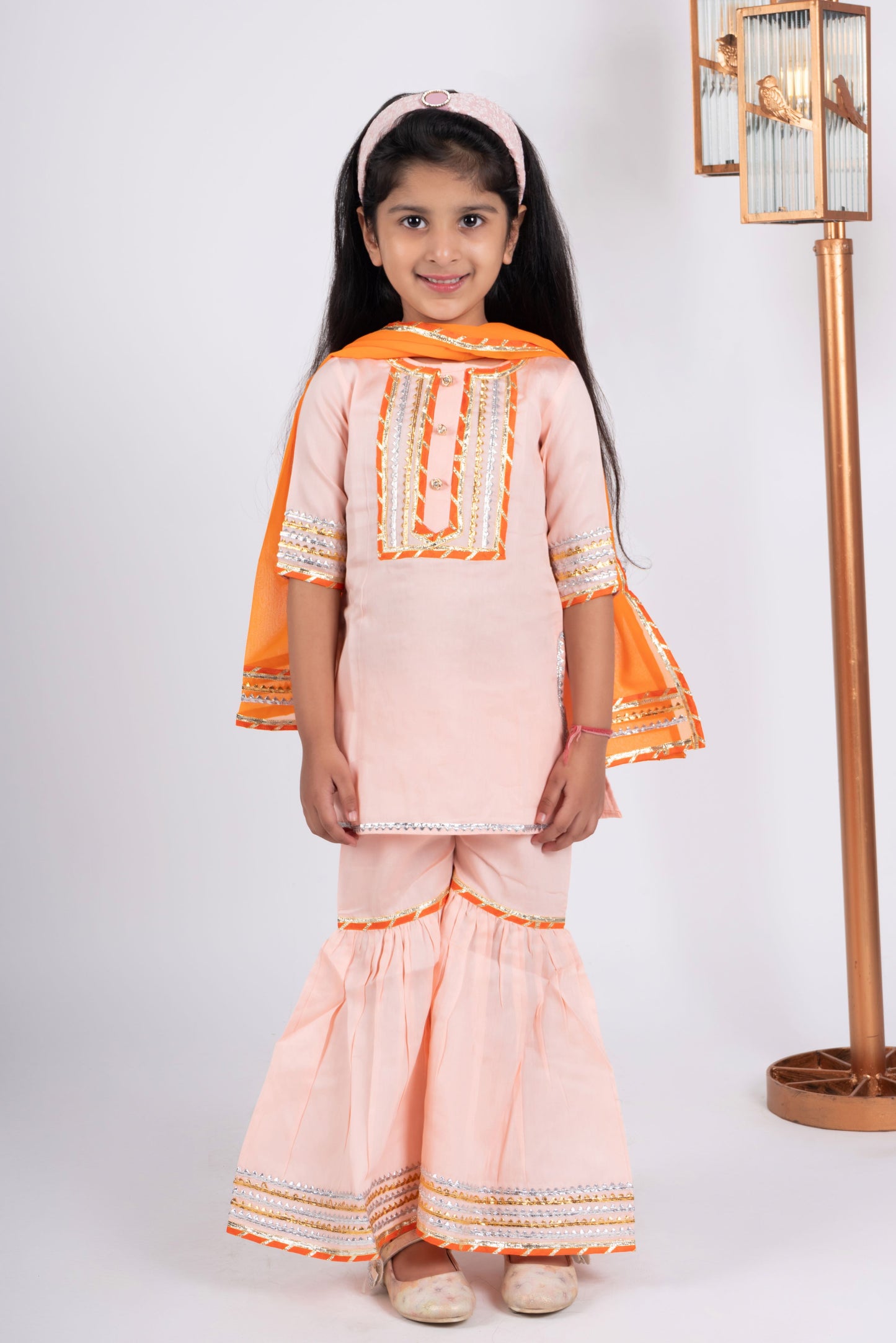 Peach sharara set with orange dupatta for women