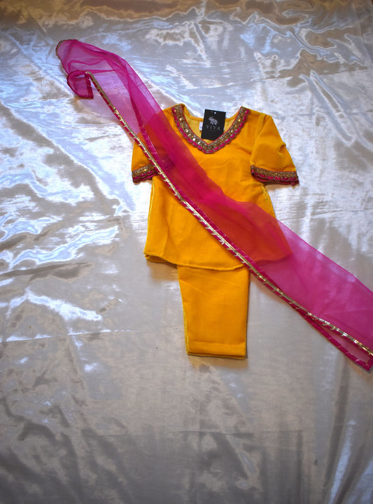 Yellow - girls velvet coord set with pink net dupatta