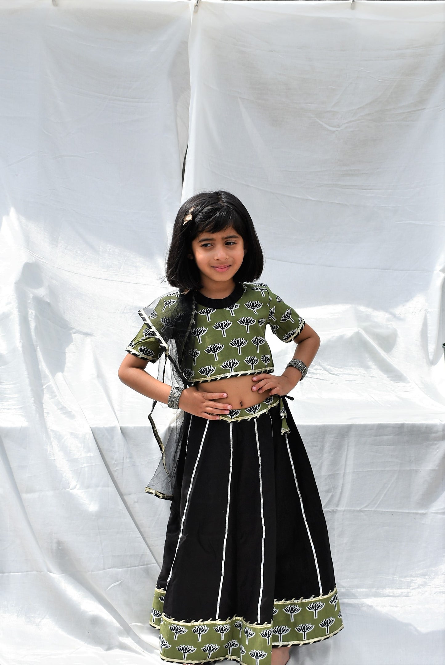 Padma Green & Black Lehenga for little girls