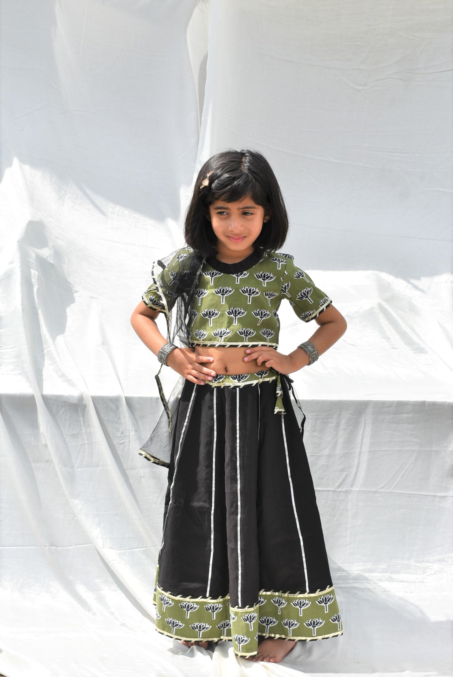 Padma Green & Black Lehenga for little girls