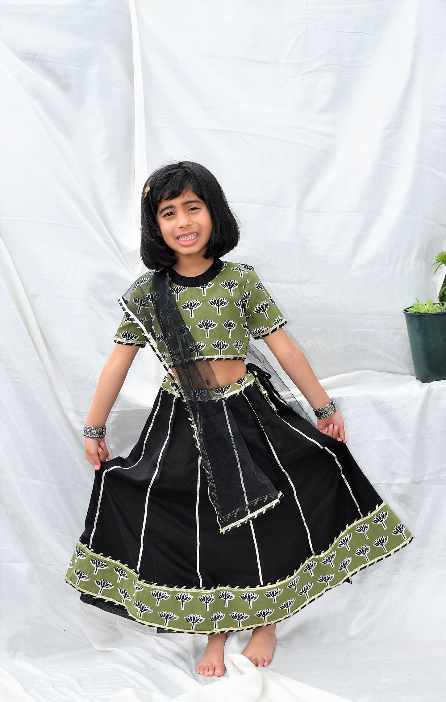 Padma Green & Black Lehenga for little girls