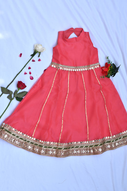 Coral long dress for girls with green dupatta