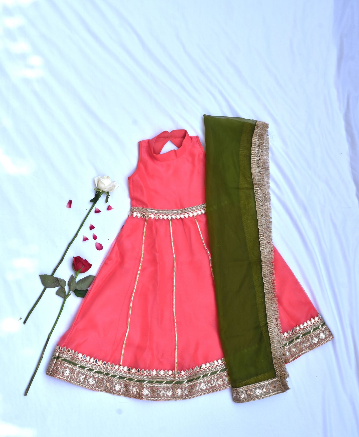 Coral long dress for girls with green dupatta