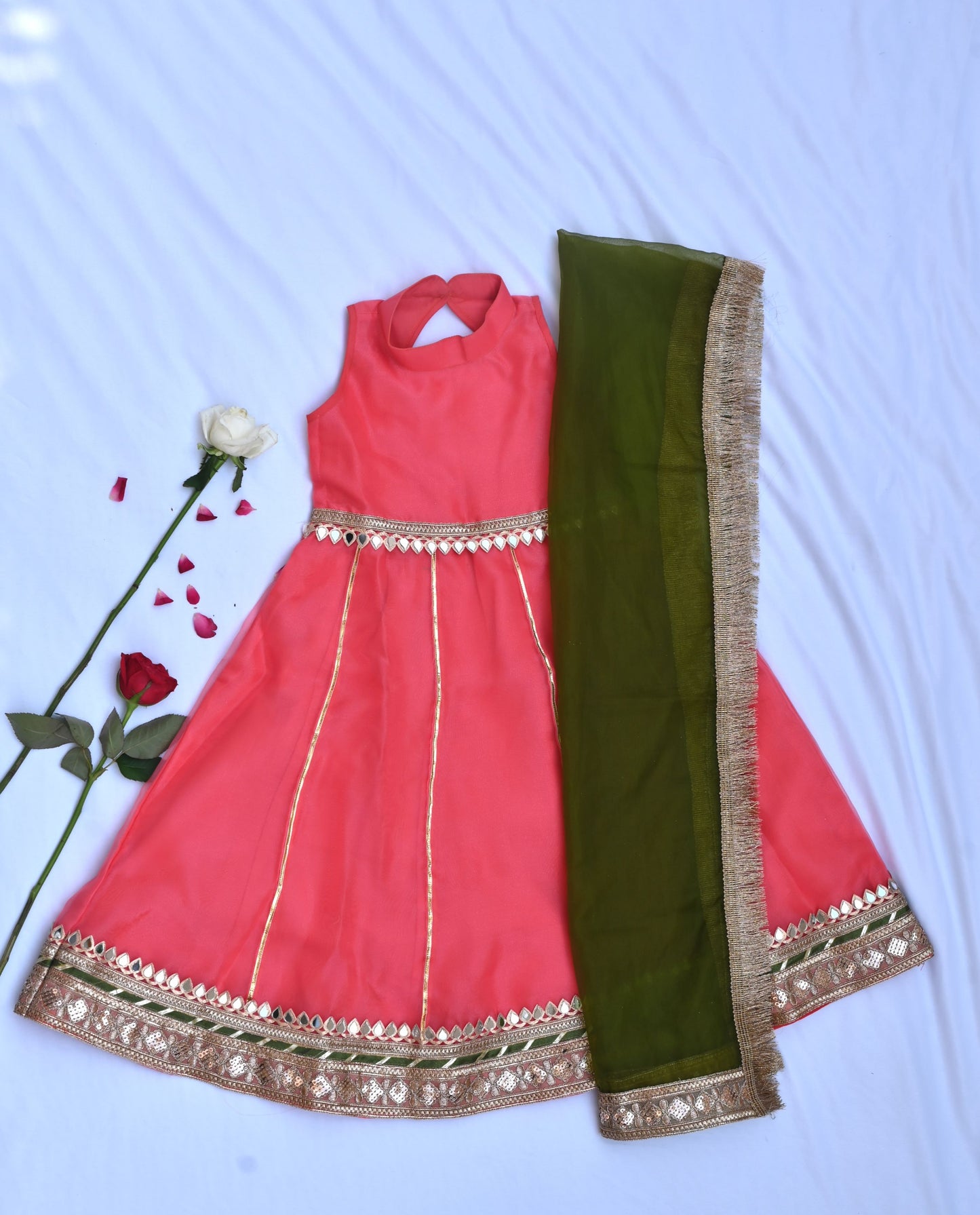 Coral long dress for girls with green dupatta