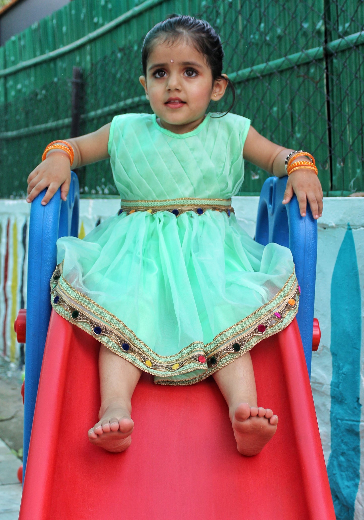 Sea green frock pleated yoke