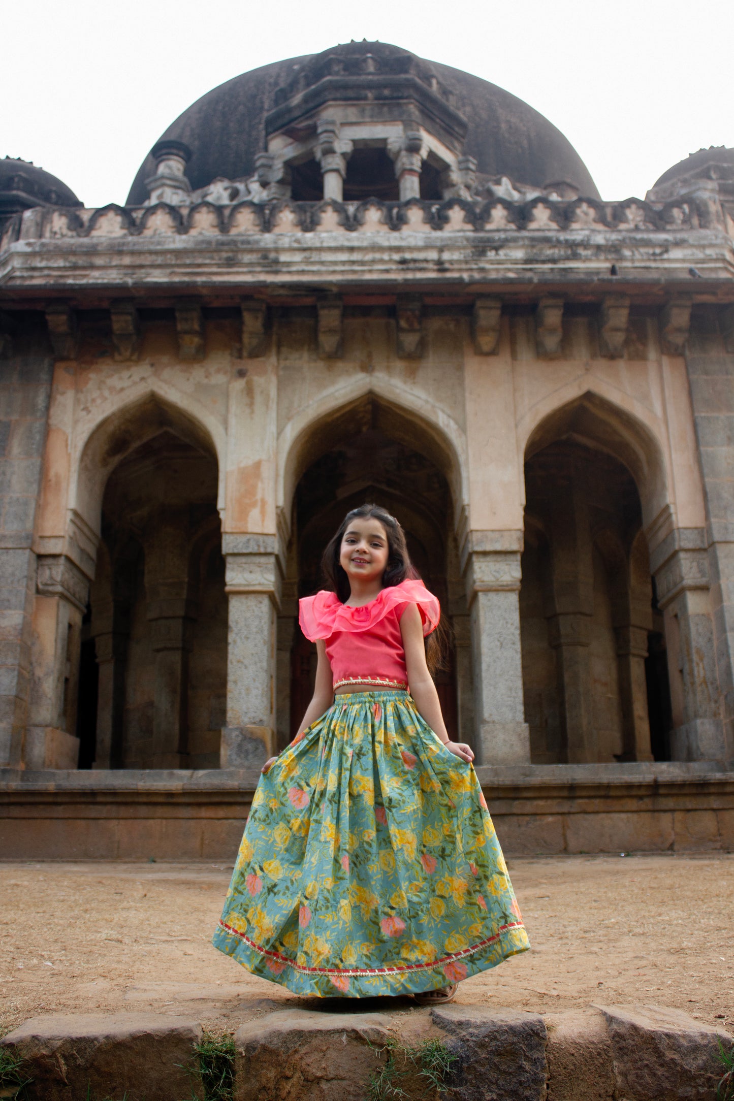 Lyla - Pink top with english blue floral lehenga