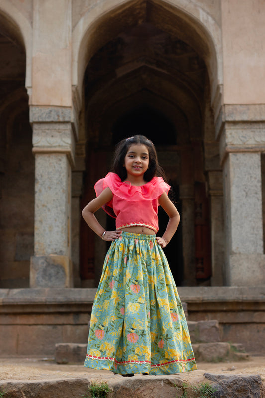 Lyla - Pink top with english blue floral lehenga