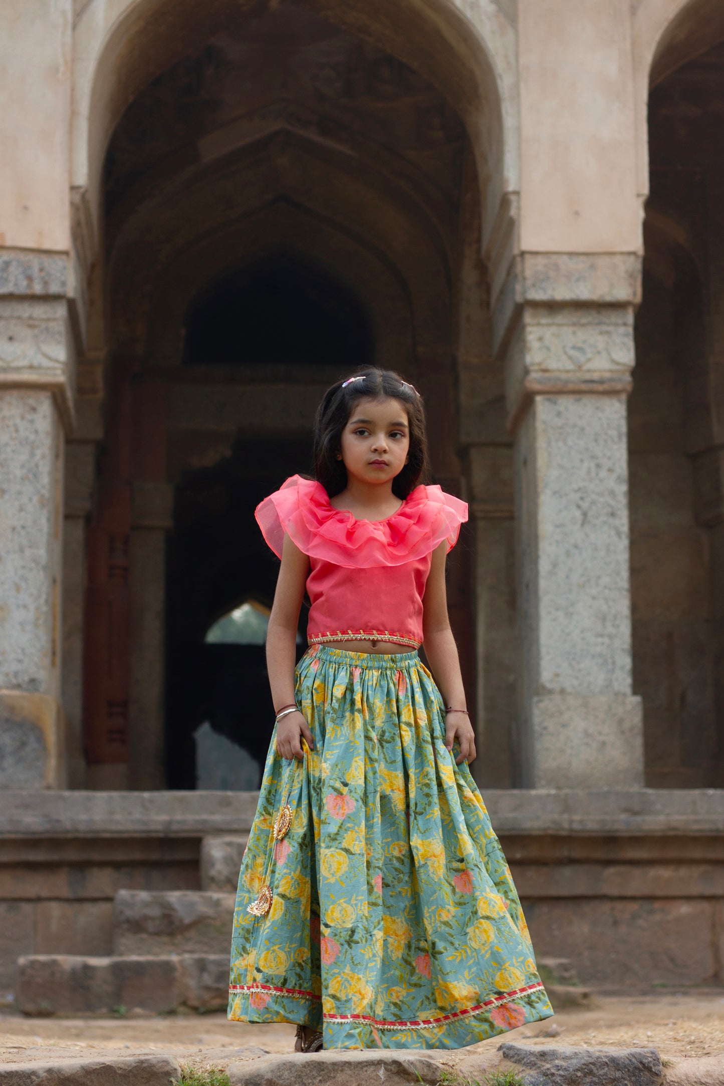 Lyla - Pink top with english blue floral lehenga