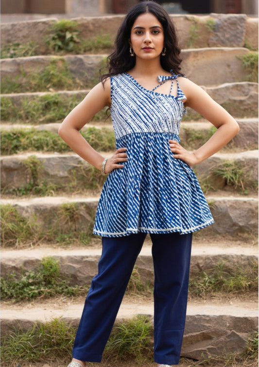 Blue off shoulder kurta with matching pants - co-ord set for women