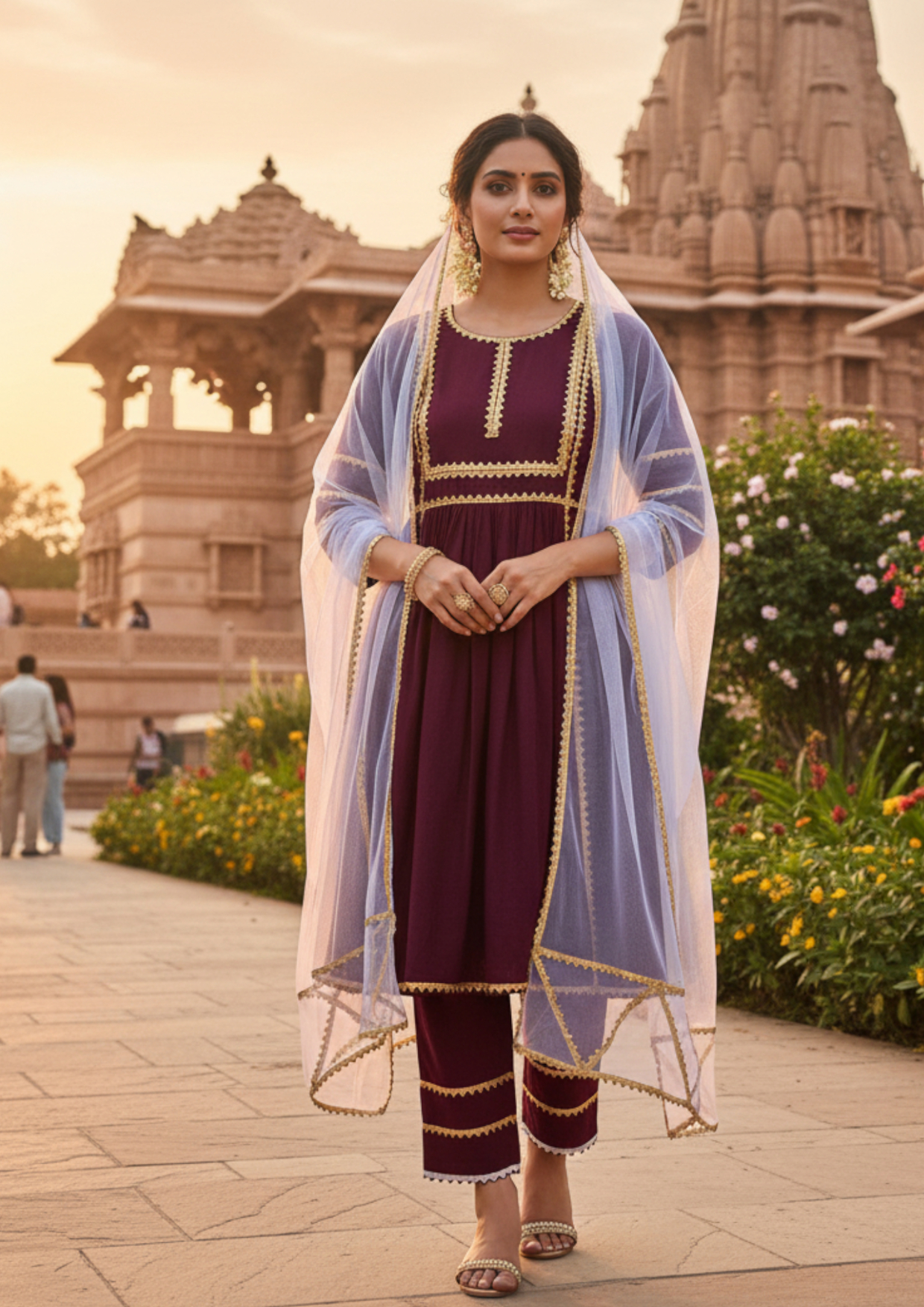 Woman in traditional marron suit ideal for temple visits. 
