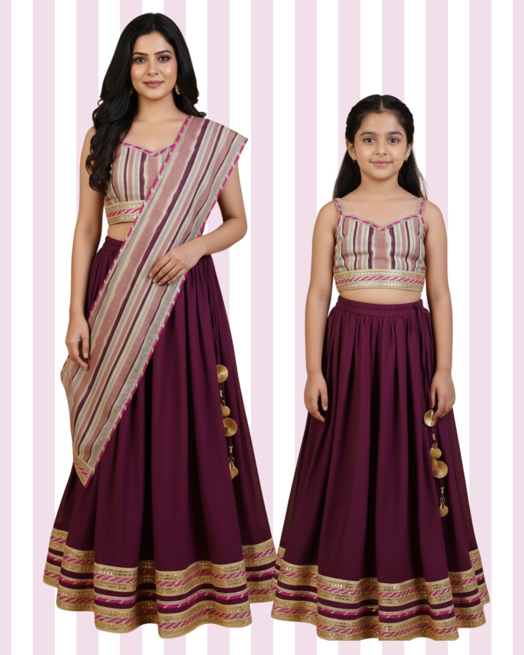 Siavi Shakti - Burgundy lehenga with striped blouse and dupatta for women