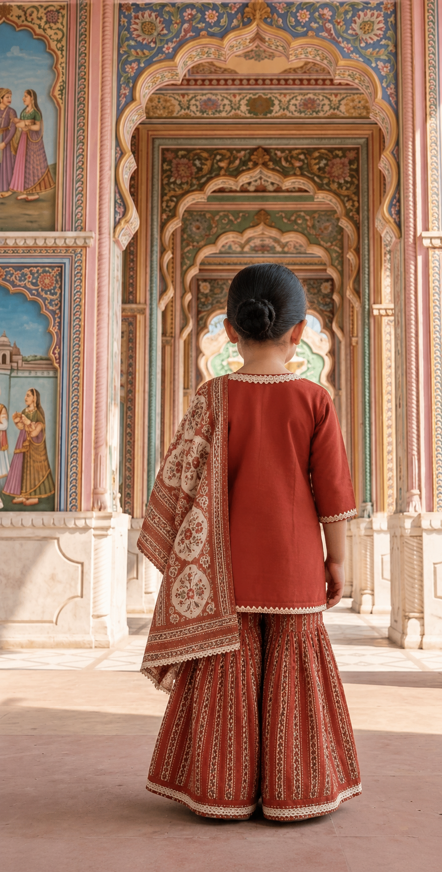 A child viewed from behind wearing a rust-red and gold traditional Indian outfit with a patterned dupatta, standing in front of an ornate, painted archway.