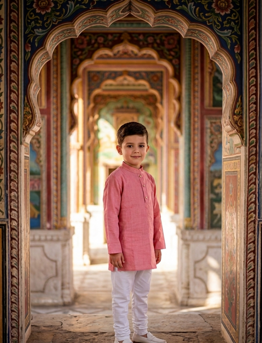 A young boy wearing a pink kurta and white trousers stands centered in a traditional Indian palace courtyard, framed by an ornate painted archway.