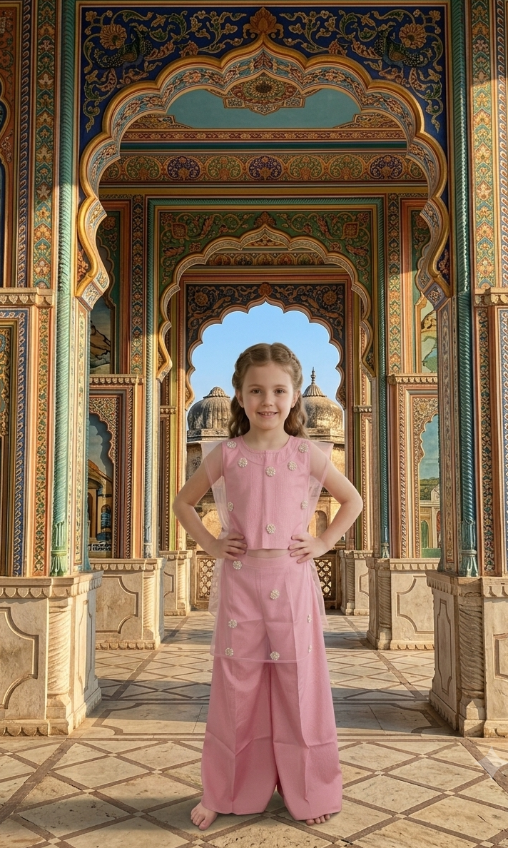 A young girl stands in a grand, ornate architectural corridor wearing a light pink two-piece outfit with a sleeveless top and wide-leg pants. The background features intricate blue, gold, and beige arches.