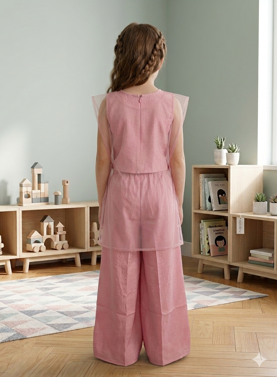A young girl with braided hair stands with her back to the camera, wearing a dusty pink sleeveless jumpsuit with sheer mesh shoulder panels and wide-leg trousers, set in a bright children's room.