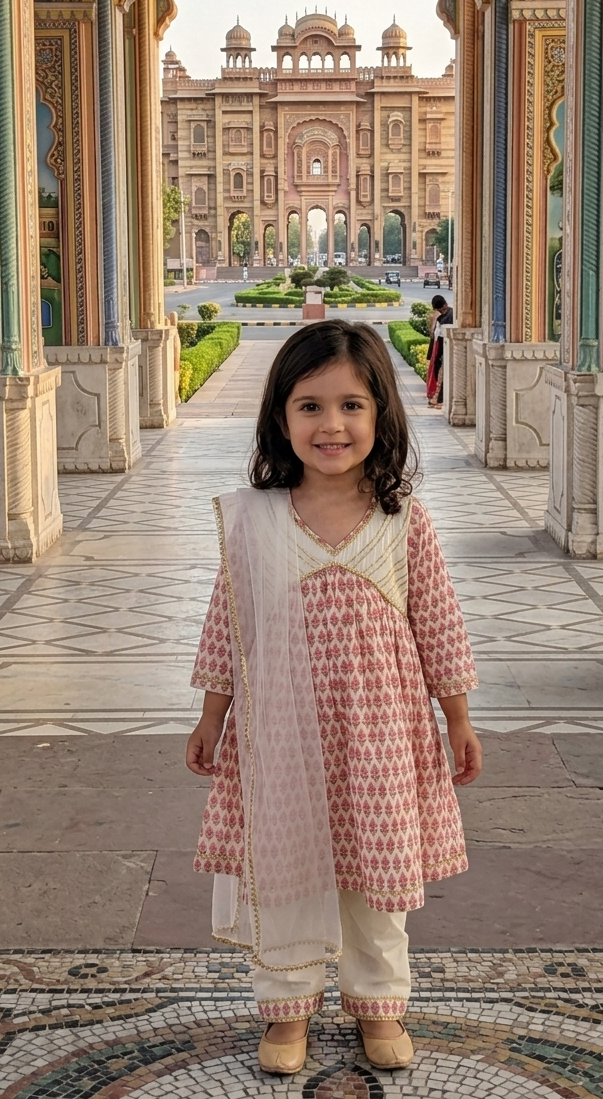 A young girl stands in a grand courtyard wearing a pink and white patterned kurta with cream pants and a white dupatta, with a large palace building in the background.