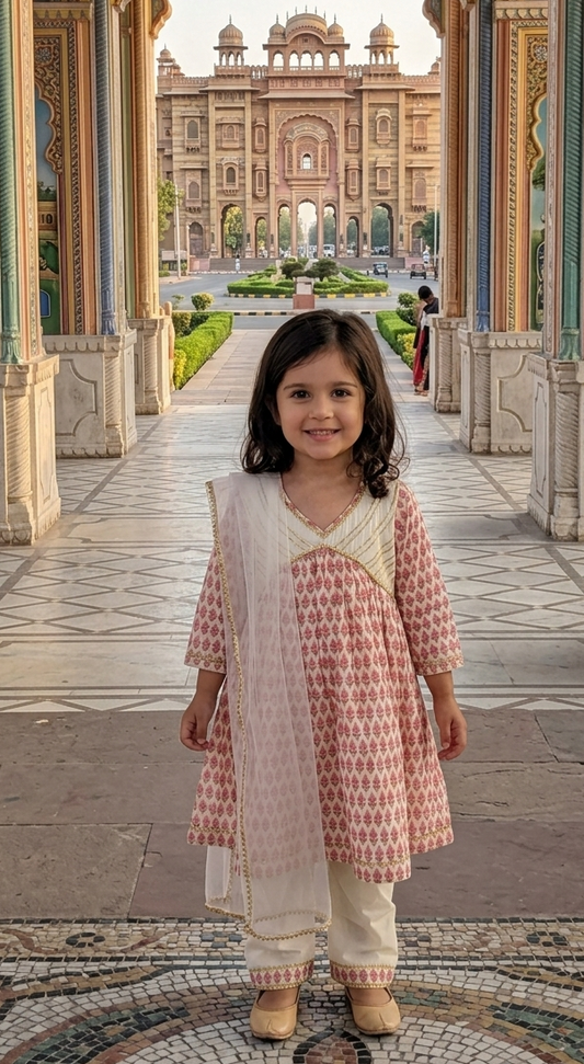 A young girl stands in a grand courtyard wearing a pink and white patterned kurta with cream pants and a white dupatta, with a large palace building in the background.