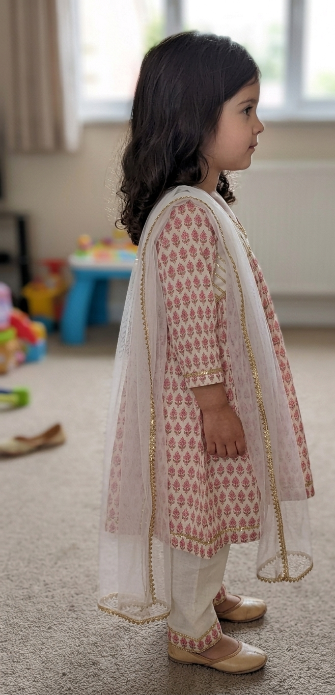 A young girl standing in profile wearing a traditional Indian salwar kameez outfit with a pink and white patterned tunic, white trousers, and a sheer white dupatta with gold borders, in a carpeted room.