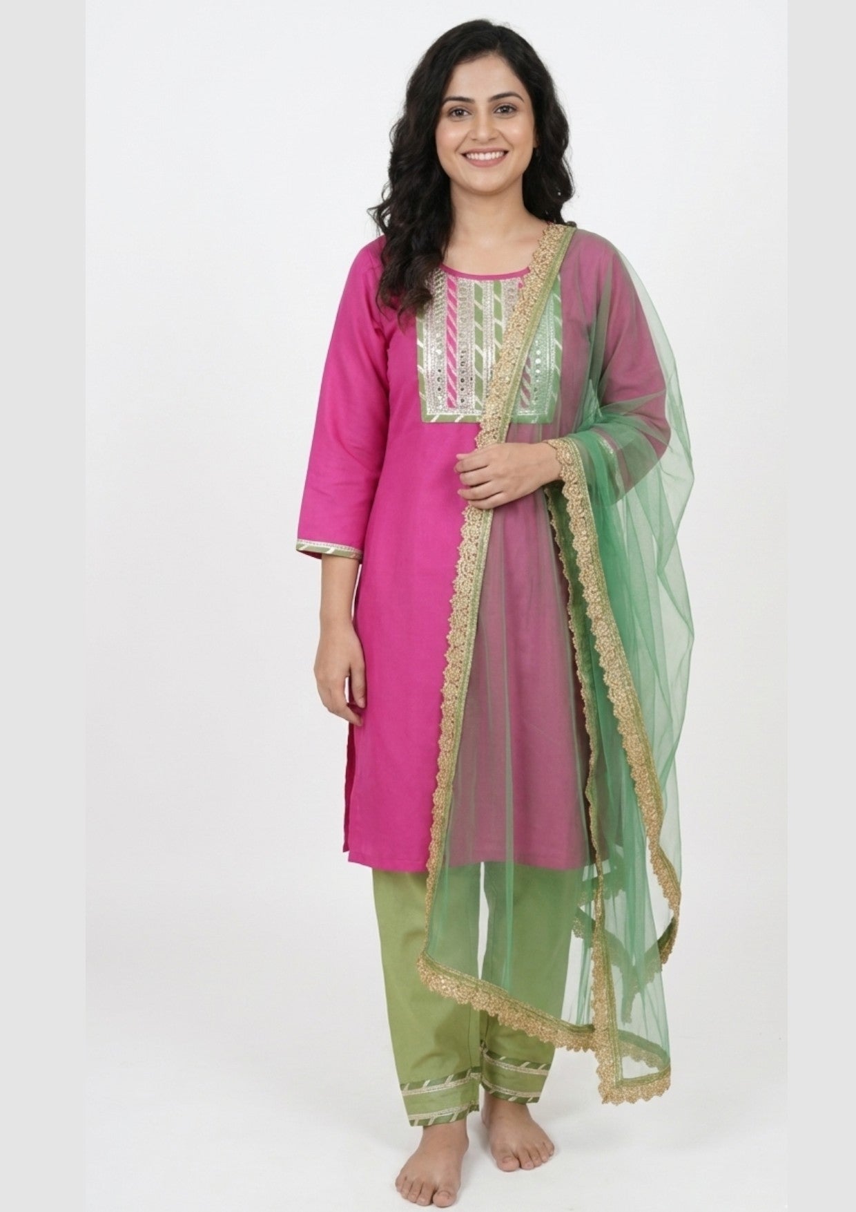 Siavi Ira - Pink kurta with green payjama and dupatta set for women