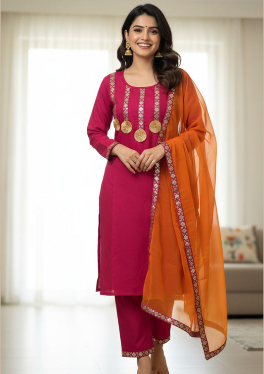 Siavi Gulabo - Pink Suit set with Orange dupatta set of 3 for women