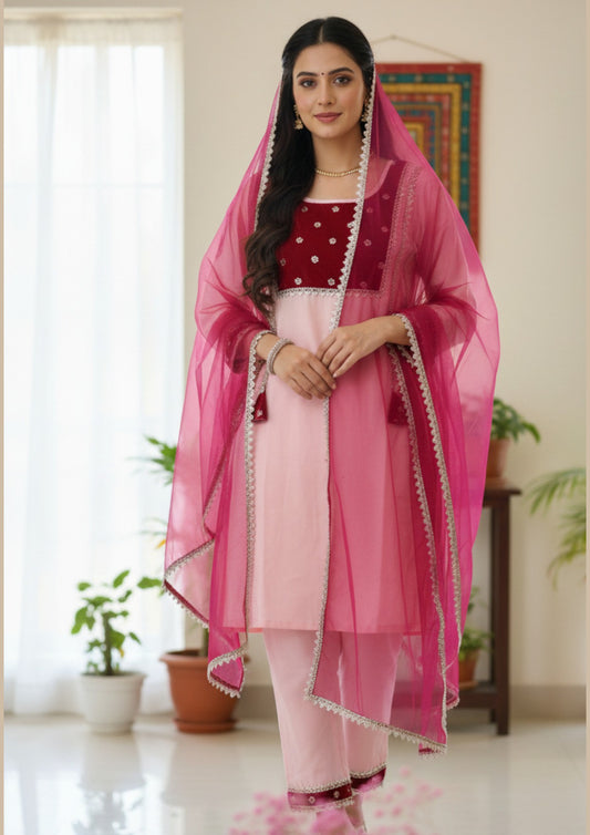 Siavi Kamal - Pink kurta payjama with  maroon dupatta set of 3 for women
