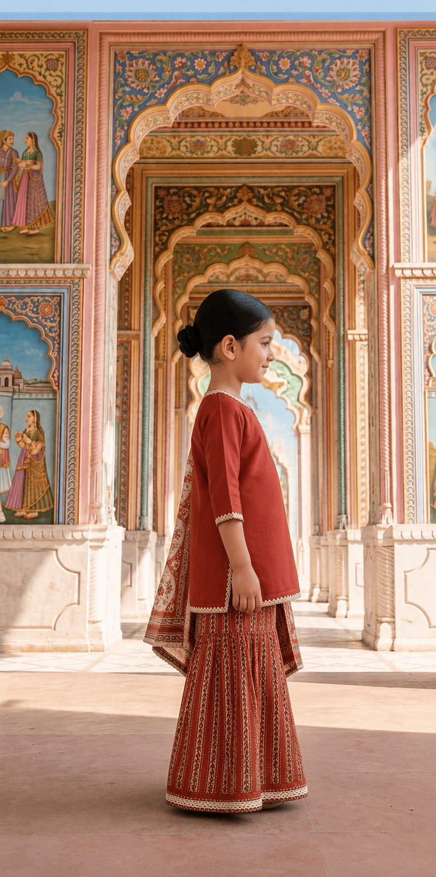 A young girl in a rust-red traditional Indian outfit with a matching patterned skirt stands in profile, framed by an ornate arched doorway in a brightly colored palace courtyard.