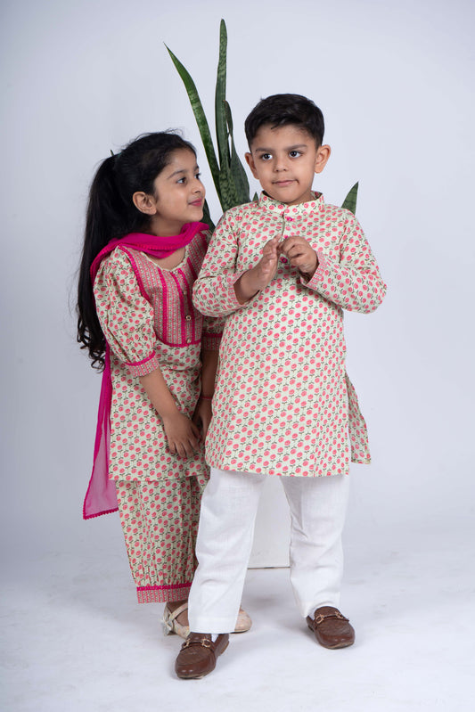 Pista Booti Kurta payjama set for siblings