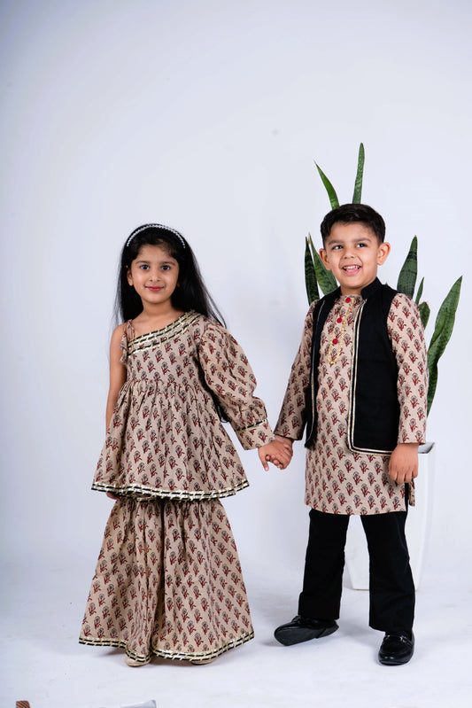 Beige Booti Kurta payjama set for siblings