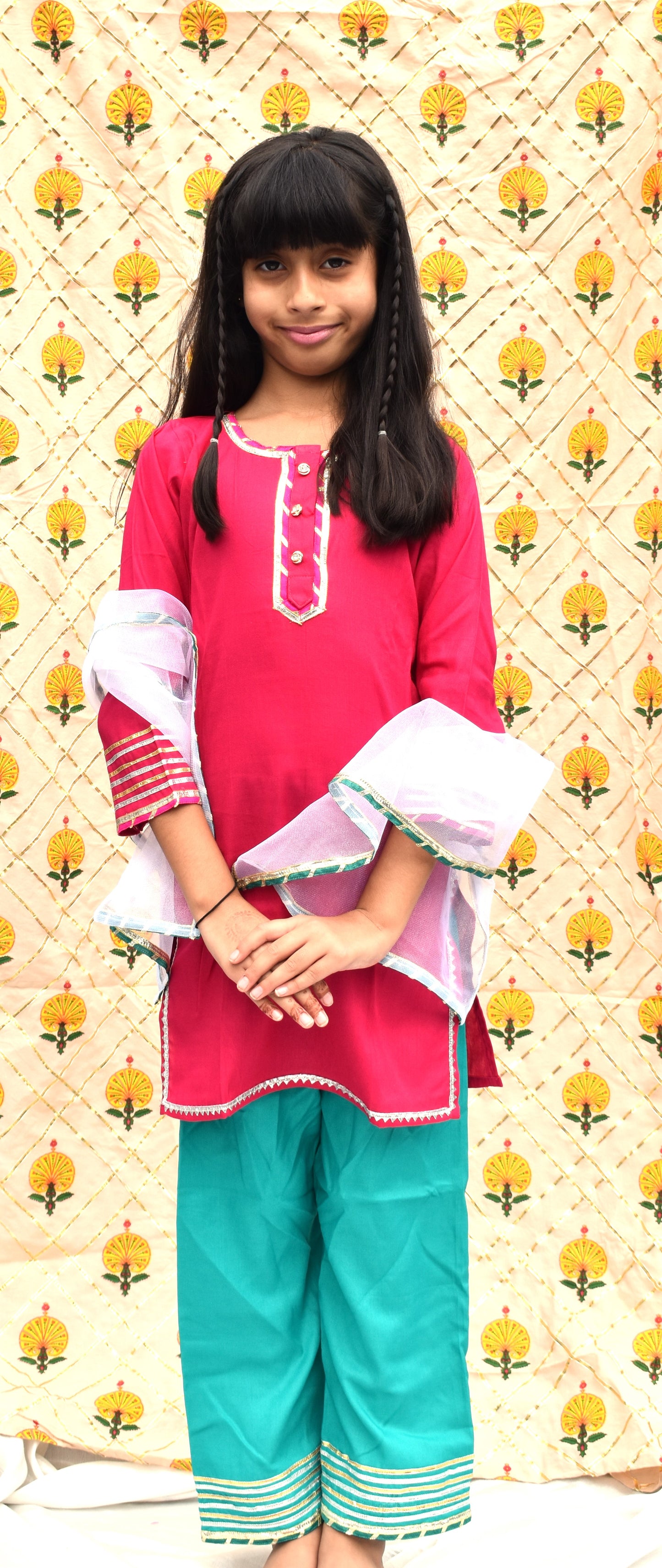 Bubblegum : Pink kurta with blue payajama for girls