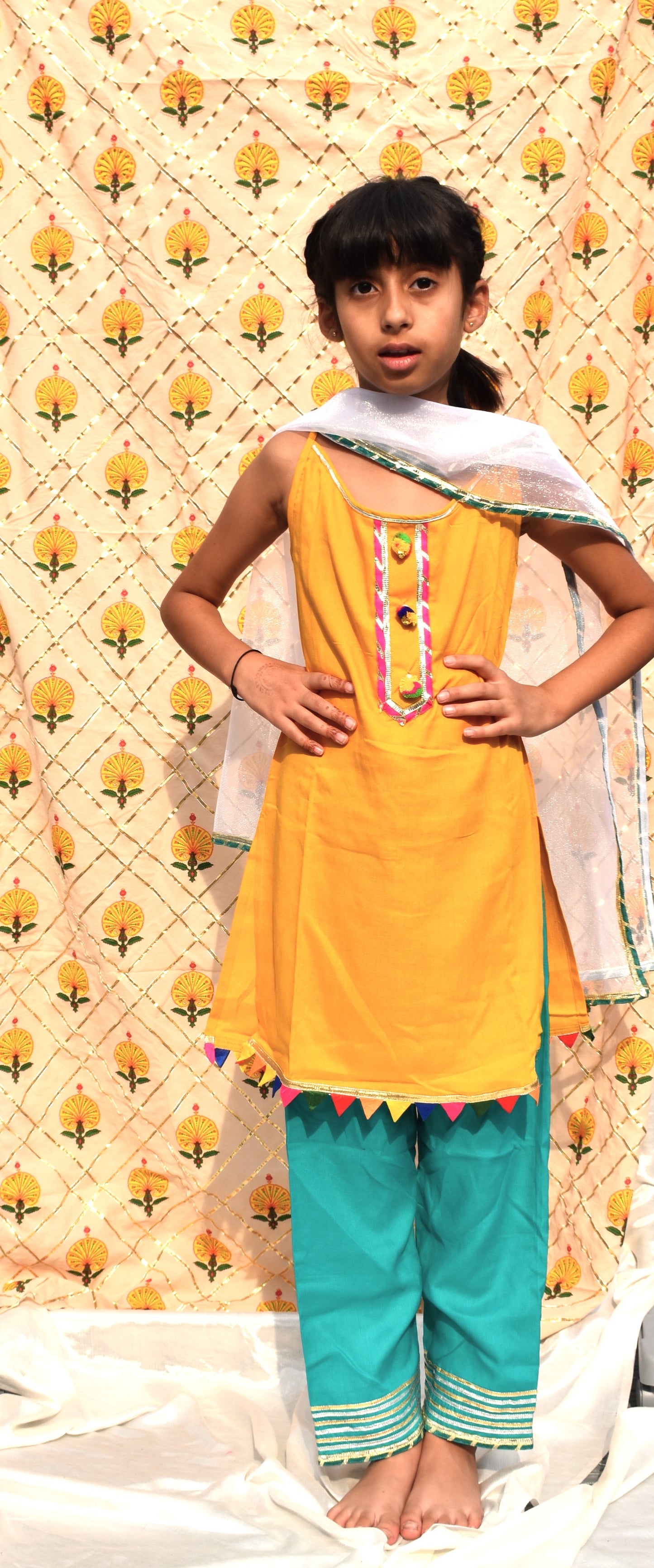 Sunher neel : Mustard kurta with blue payjama for girls