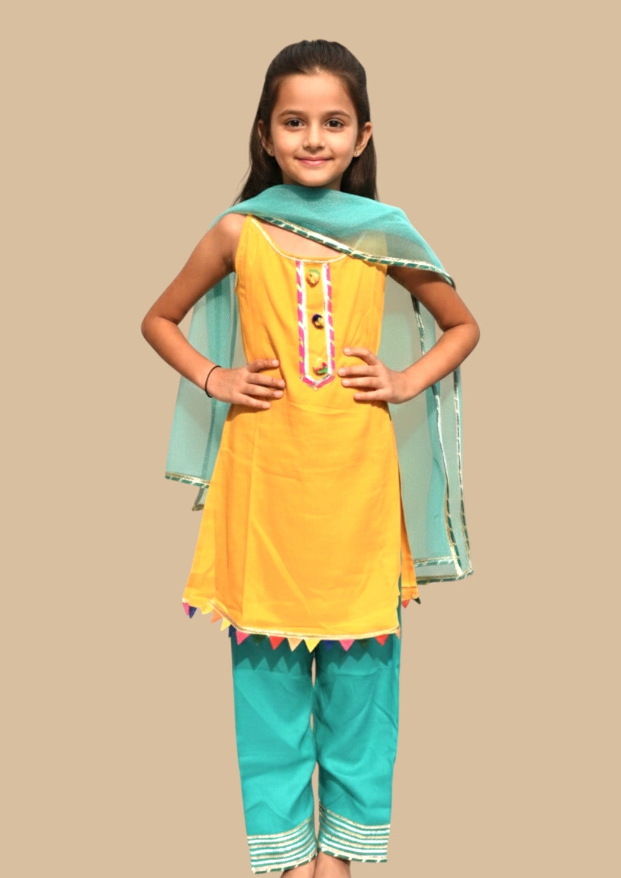 Sunher neel : Mustard kurta with blue payjama for girls