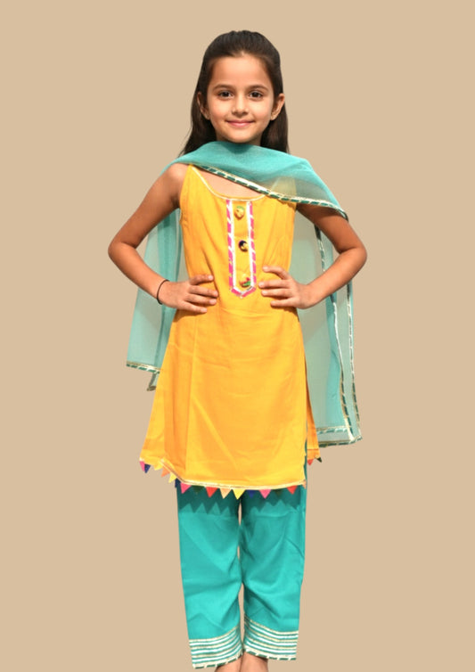 Sunher neel : Mustard kurta with blue payjama for girls