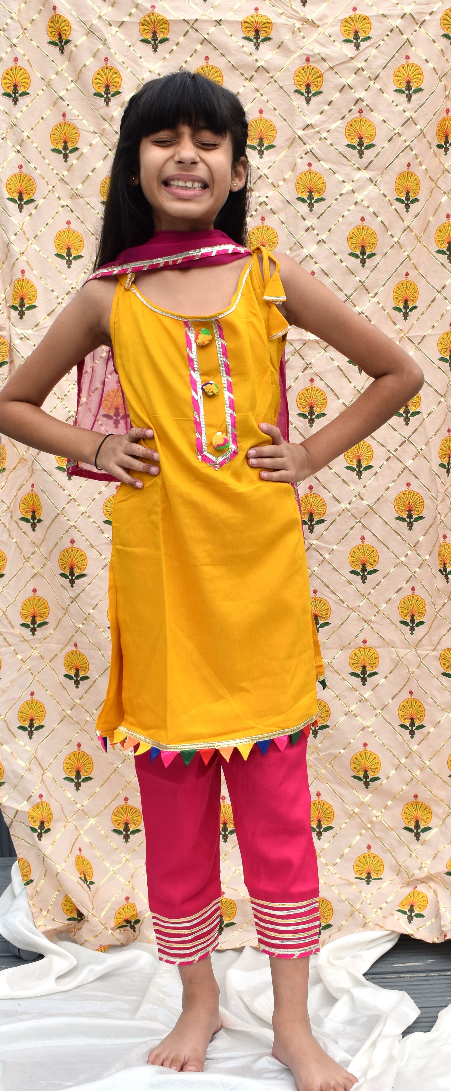 Sunher gulab : Mustard kurta with pink payjama for girls