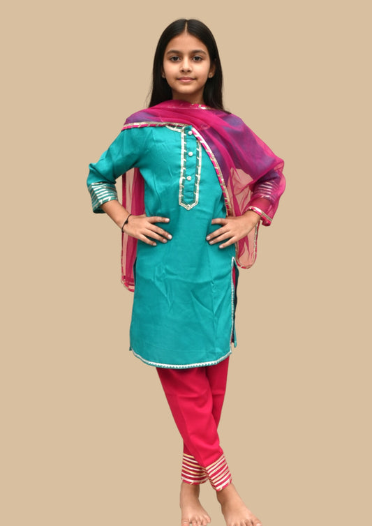Ira Neel : Blue kurta with pink pants and dupatta for girls