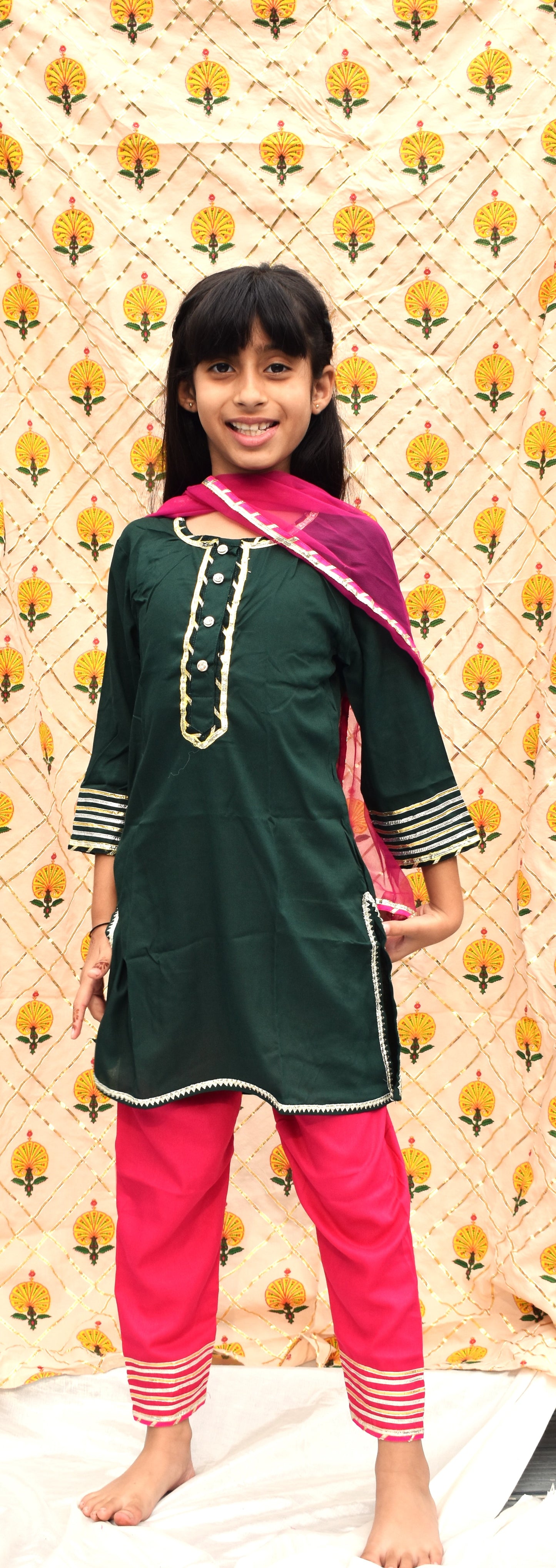 Ira Haree : dark green kurta with pink pants and dupatta for girls