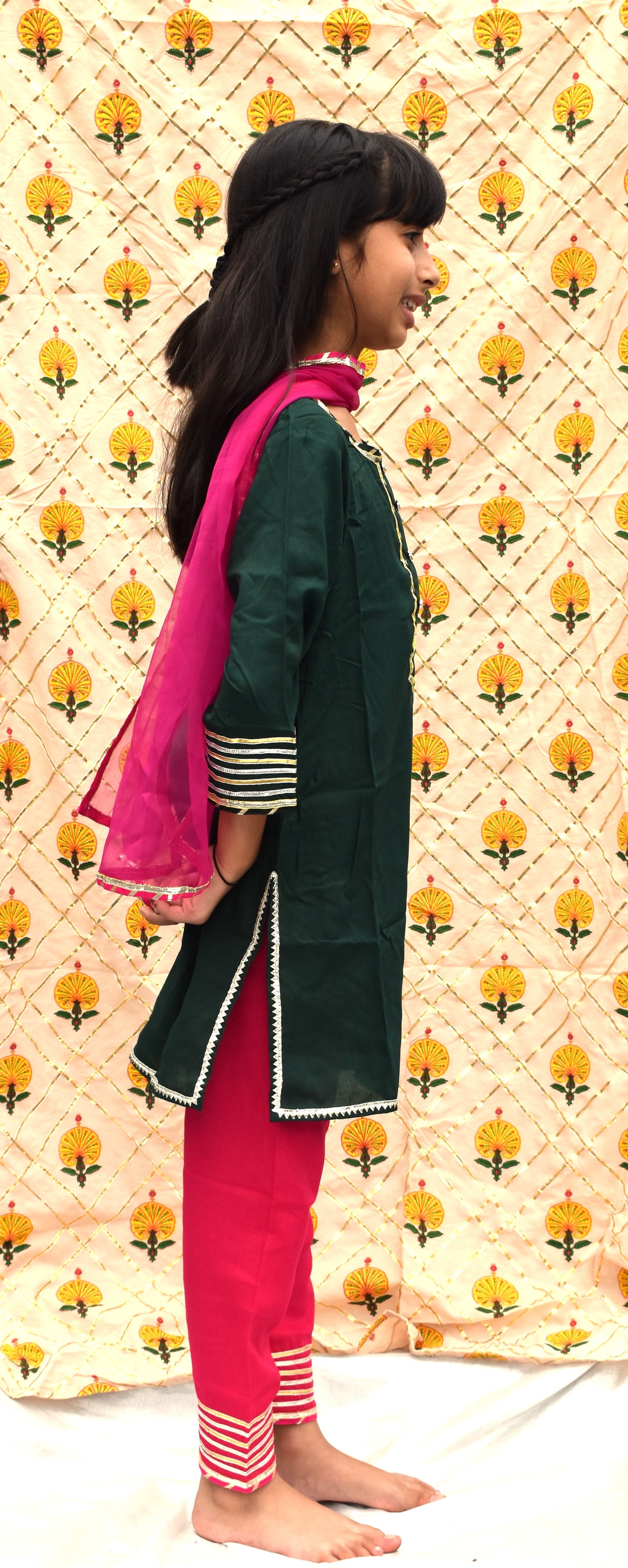 Ira Haree : dark green kurta with pink pants and dupatta for girls