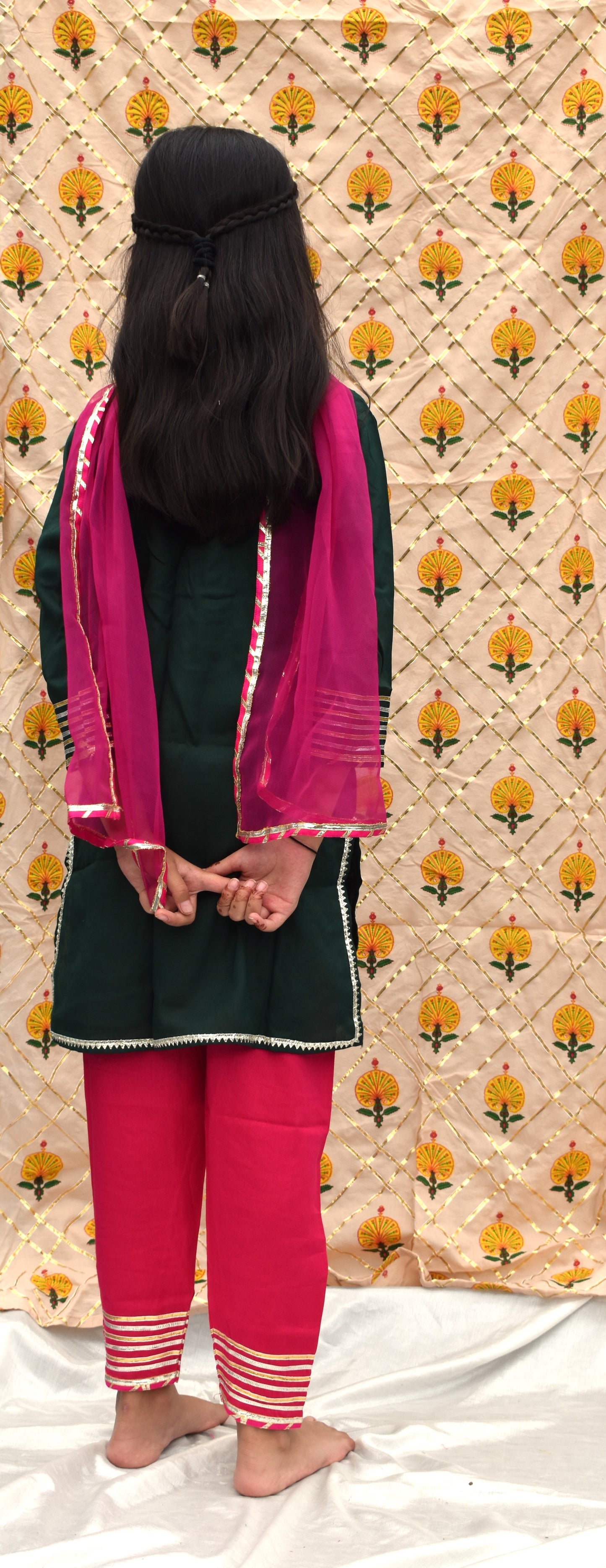 Ira Haree : dark green kurta with pink pants and dupatta for girls