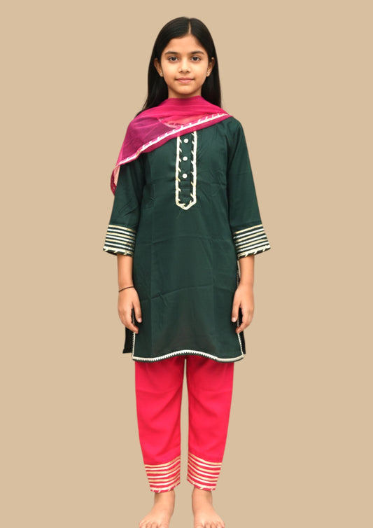 Ira Haree : dark green kurta with pink pants and dupatta for girls