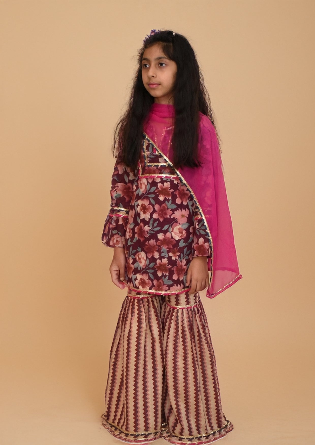 Girls wine floral sharara set