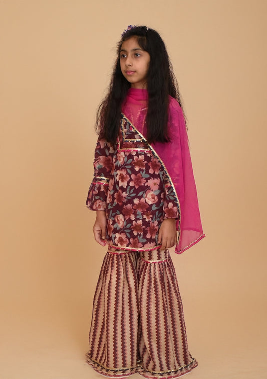Girls wine floral sharara set